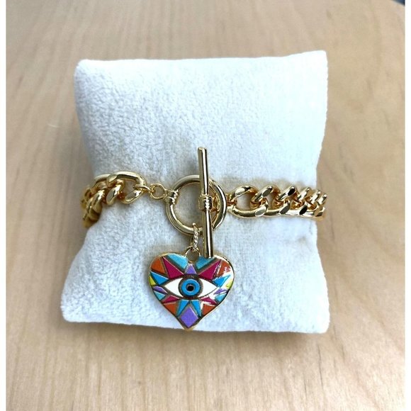 Unbranded Jewelry - Evil Eye Mosaic Heart Charm Bracelet with Toggle Closure Made in Turkey